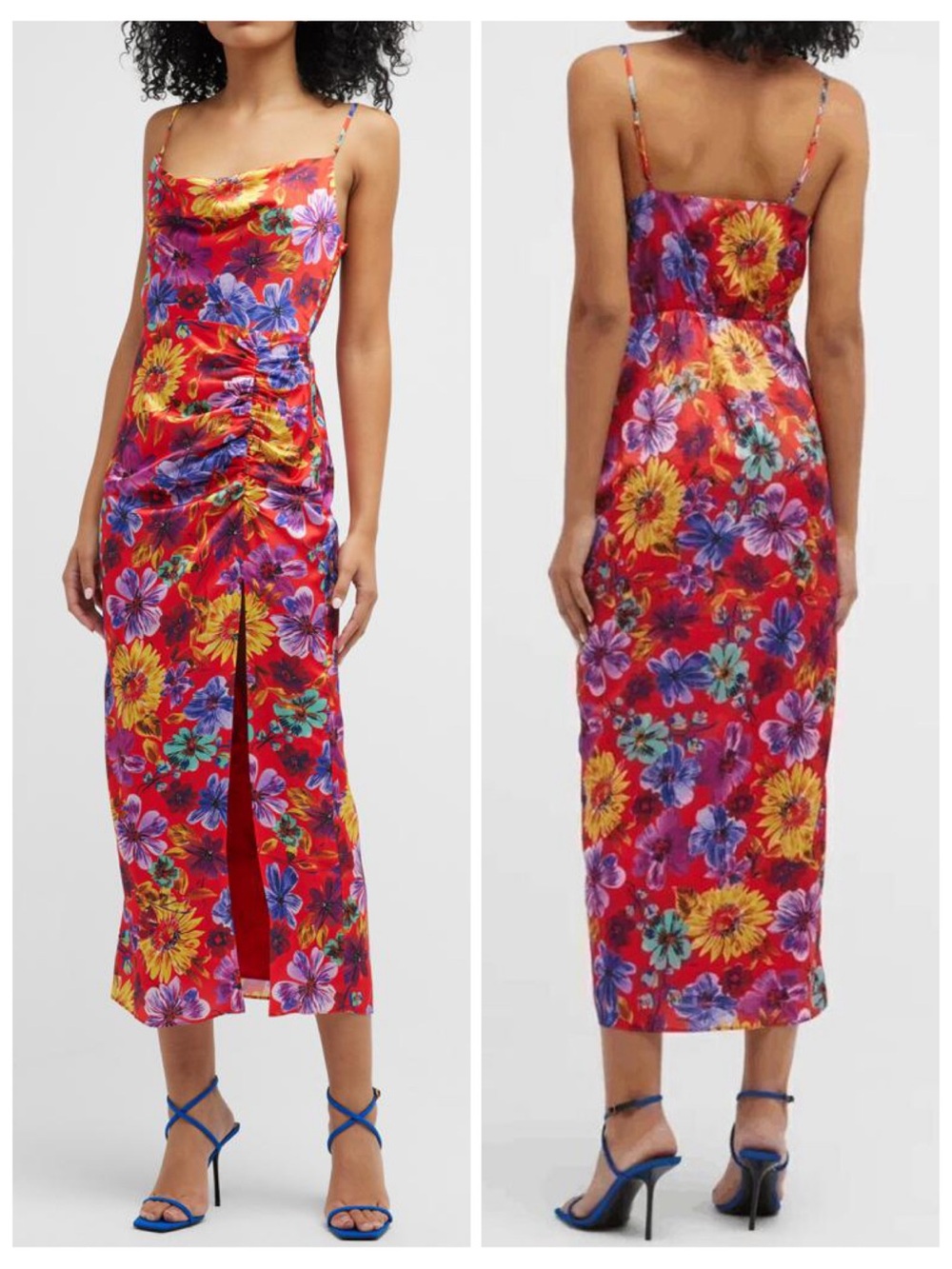 Milly Lilliana Ruched Floral-Print Midi Dress Side Slit